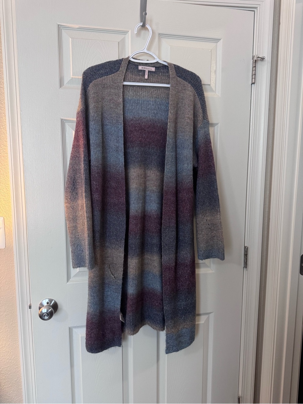 BCBGeneration Long Open-Front Cardigan in Blue, Gray and Purple Stripes